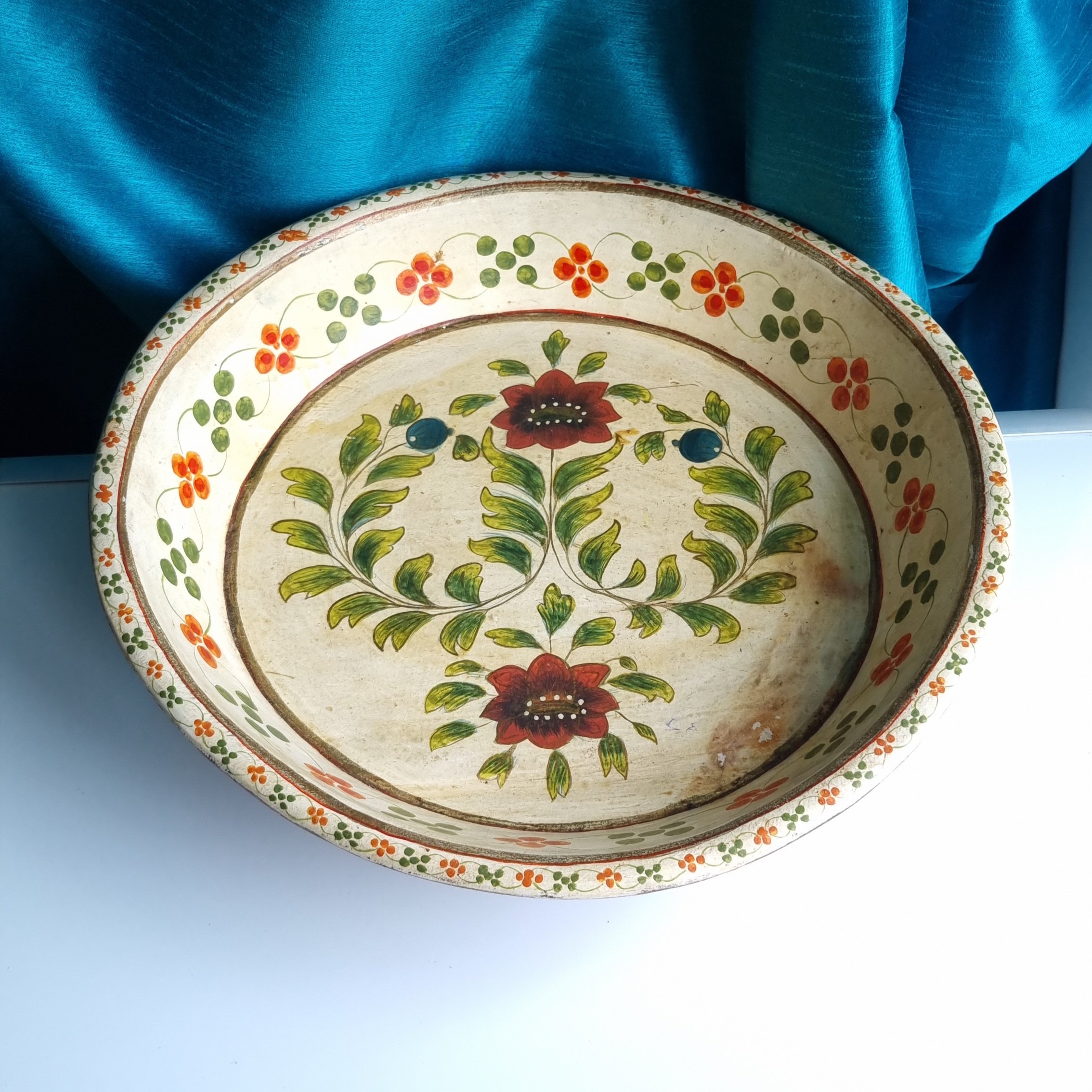 Primitive Folk Art Bowl Painted Wooden Very Large - Image 2
