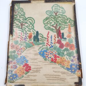 Vintage Embroidery. Path through flowerbeds and trees