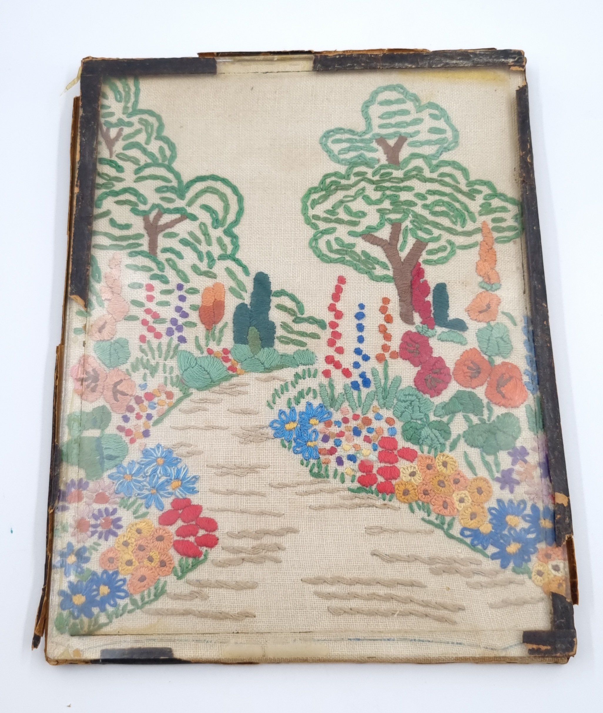 Vintage Embroidery. Path through flowerbeds and trees