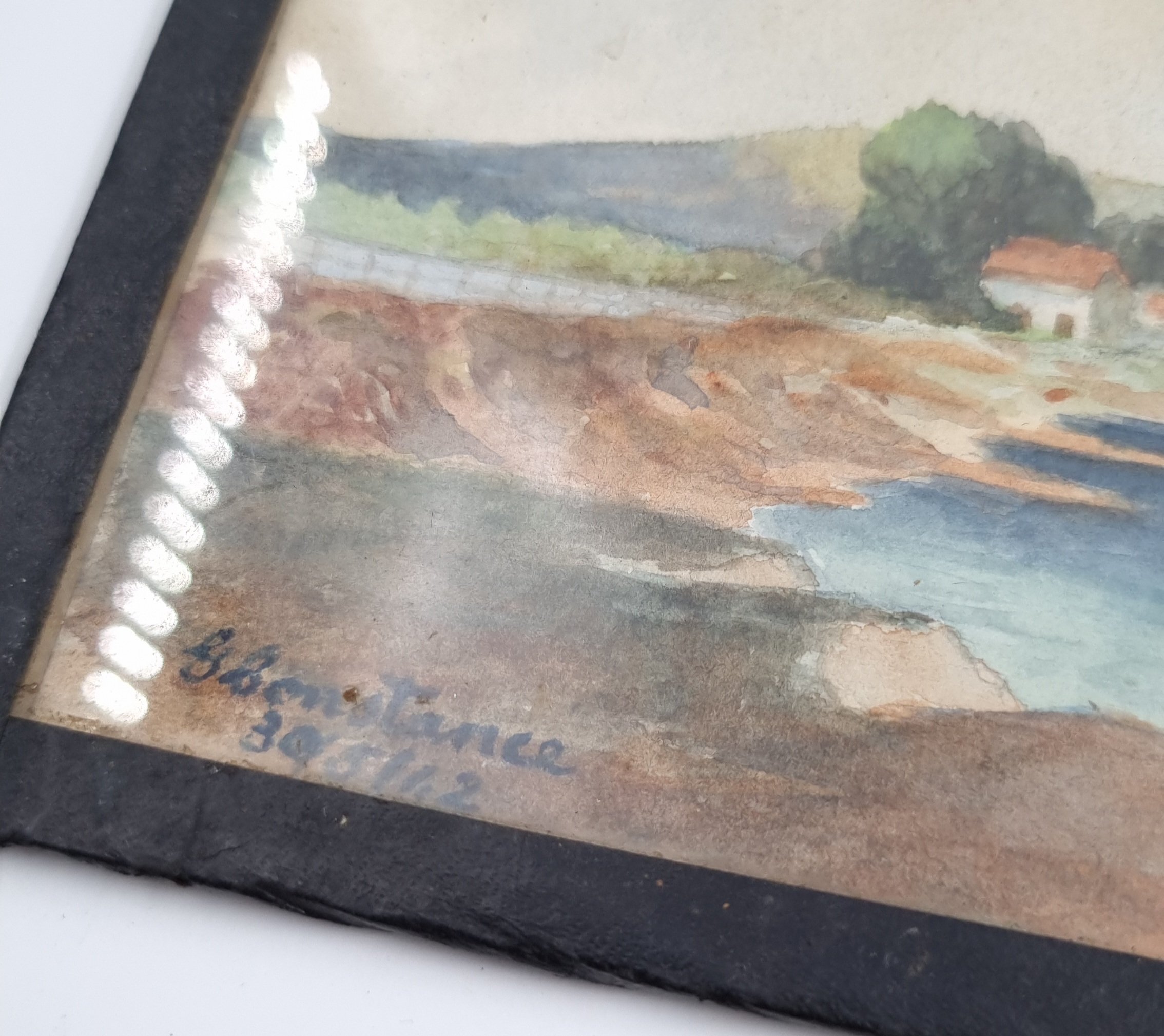 Vintage Watercolour Painting Sea or Lake Framed. Signed 1942. - Image 3