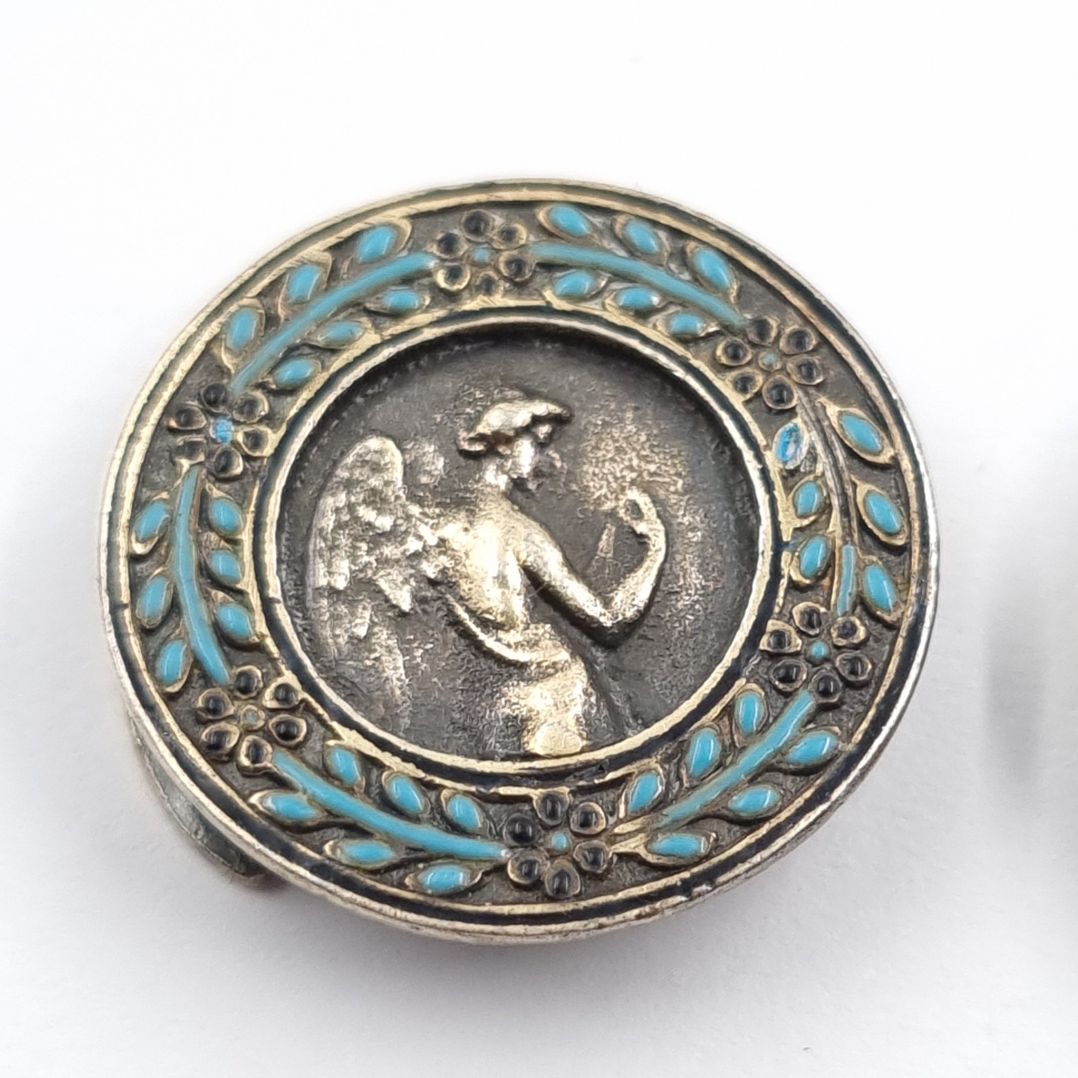 Art Nouveau French Silver Button Covers Angels & Dove with Enamel - Image 4