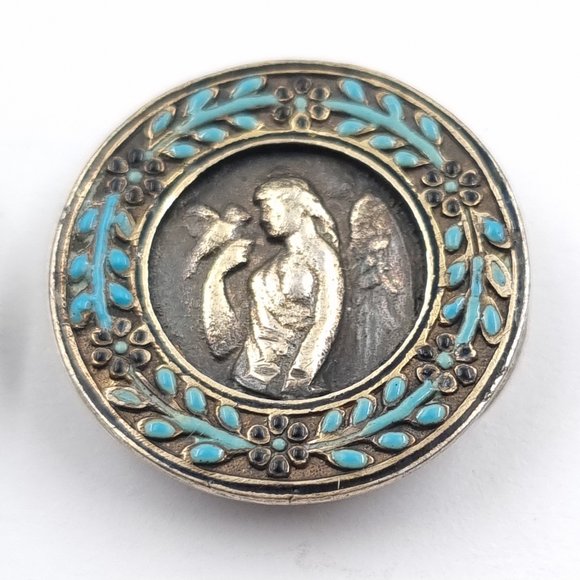 Art Nouveau French Silver Button Covers Angels & Dove with Enamel - Image 3