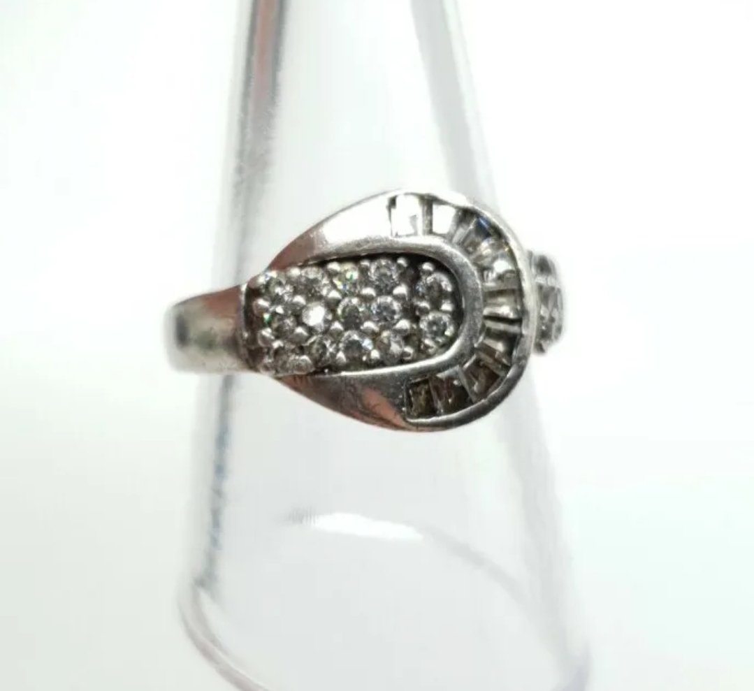 Sterling Silver Buckle Ring Cubic Zirconia with Round & Emerald Cut Stones Size R .5 - Image 2