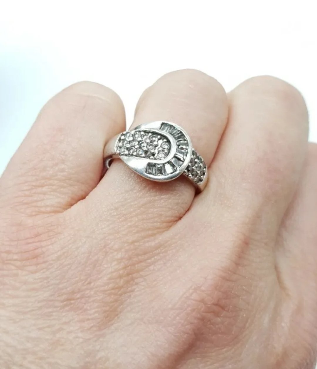 Sterling Silver Buckle Ring Cubic Zirconia with Round & Emerald Cut Stones Size R .5 - Image 5