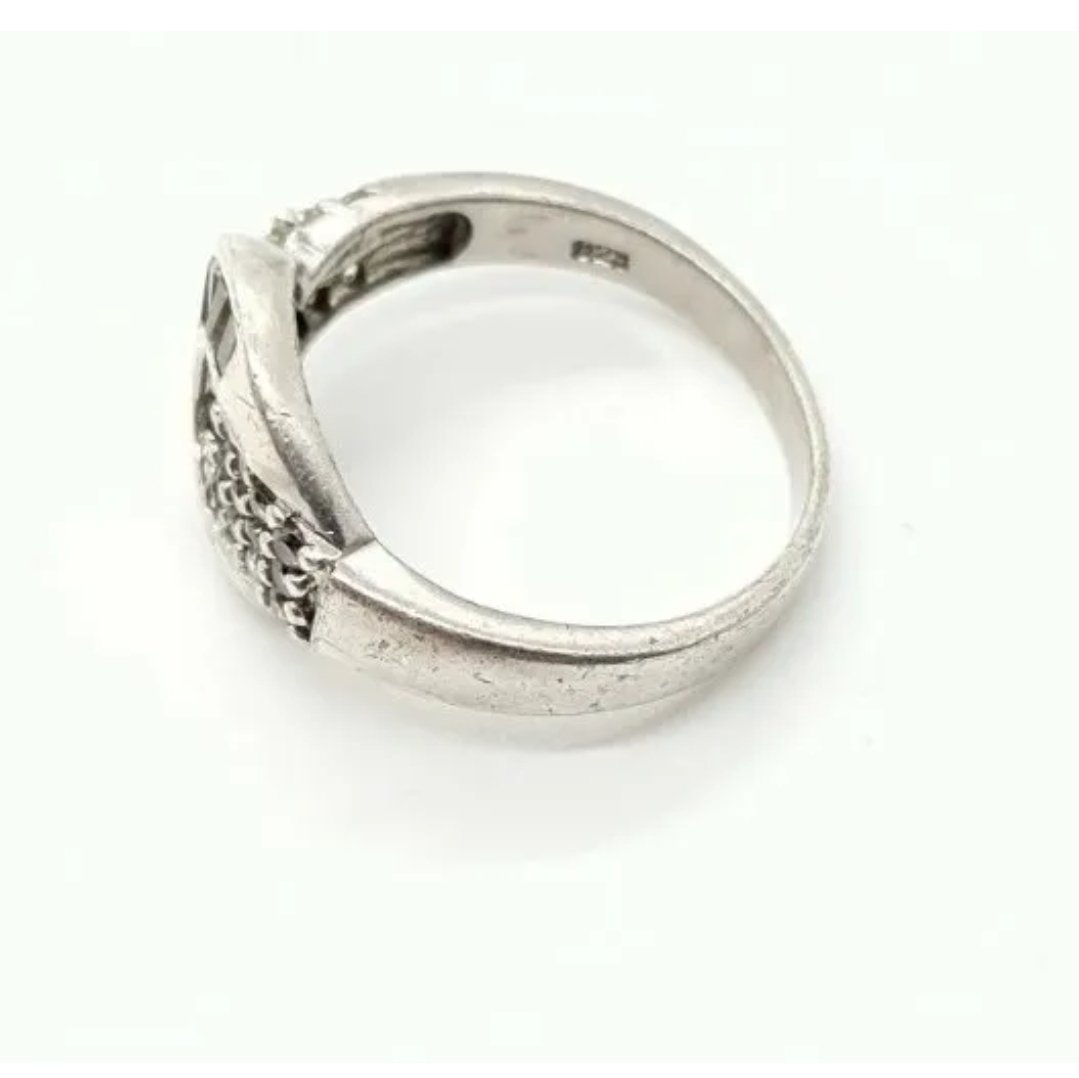 Sterling Silver Buckle Ring Cubic Zirconia with Round & Emerald Cut Stones Size R .5 - Image 3
