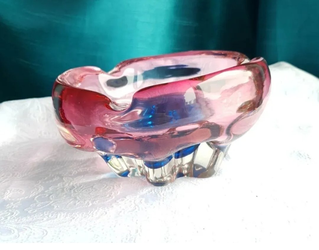 Czech Art Glass Bowl Blue Pink Mid Century Vintage Atr To Chribska - Image 3