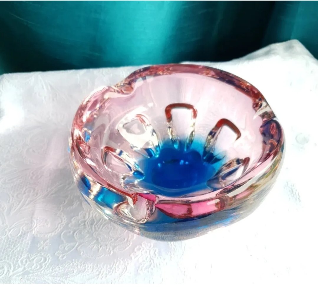 Czech Art Glass Bowl Blue Pink Mid Century Vintage Atr To Chribska - Image 2