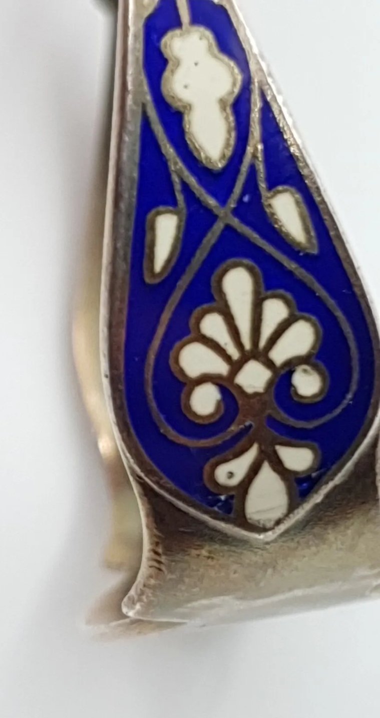 Antique Enamel Sugar Tongs  White Metal & Blue Enamel Tongs / Nips Marked MH 950 - Image 2