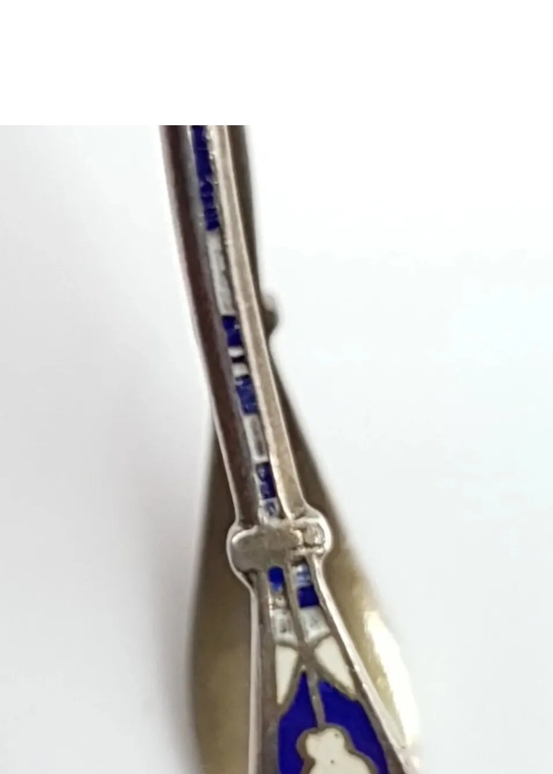 Antique Enamel Sugar Tongs  White Metal & Blue Enamel Tongs / Nips Marked MH 950 - Image 3