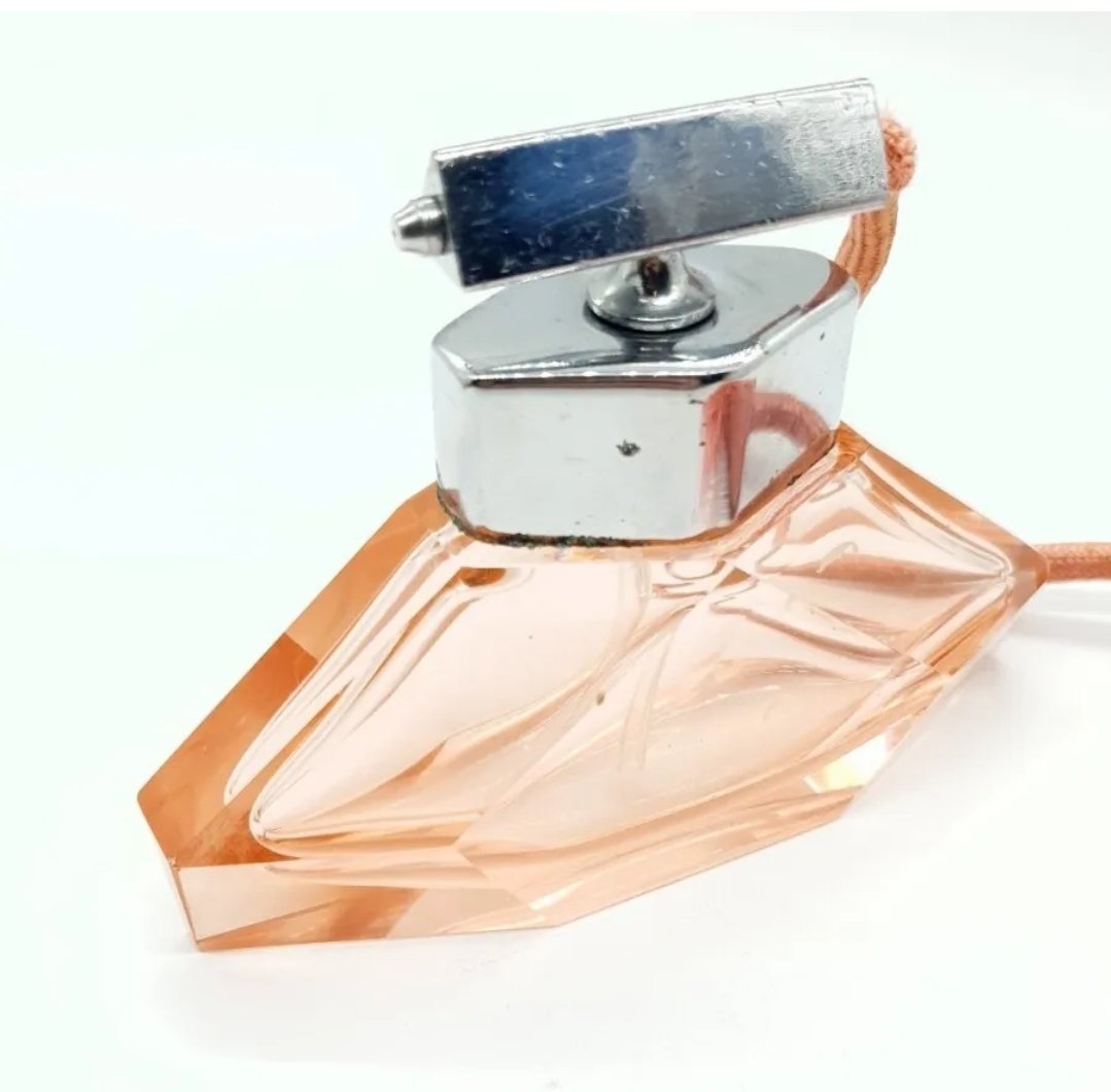 Art Deco Czech Perfume Bottle Pink / Peach Glass Scent Bottle Atomiser (af) c1930s - Image 3