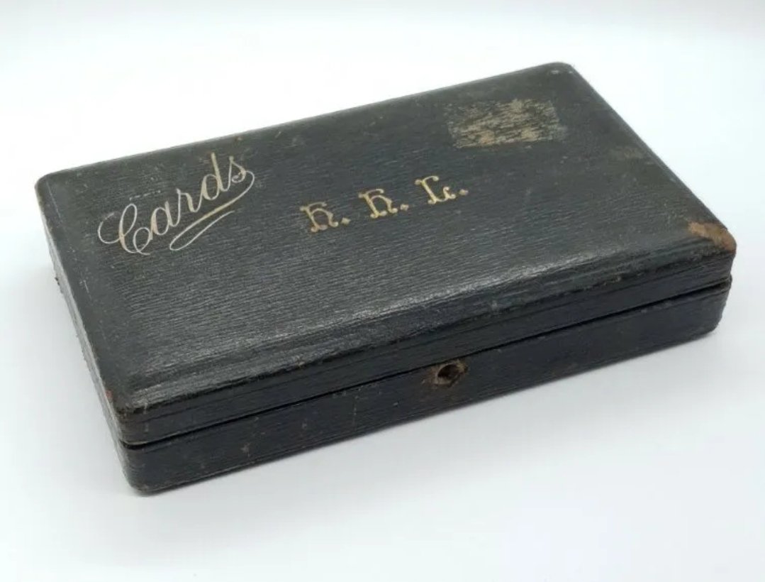 Antique Leather Covered Games Box & Contents incl Cards & Dice - Image 2