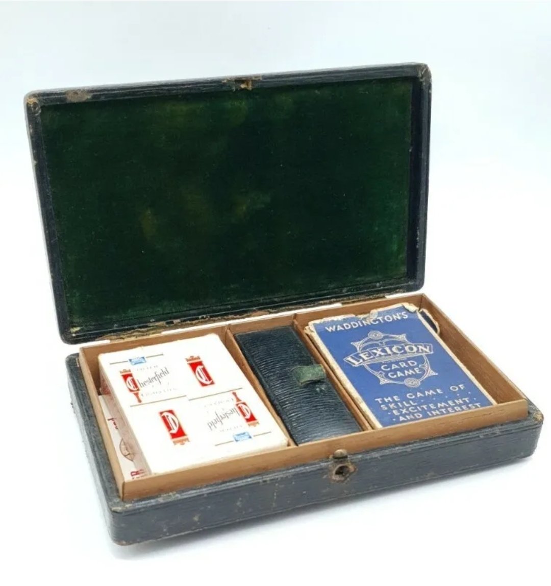 Antique Leather Covered Games Box & Contents incl Cards & Dice - Image 3