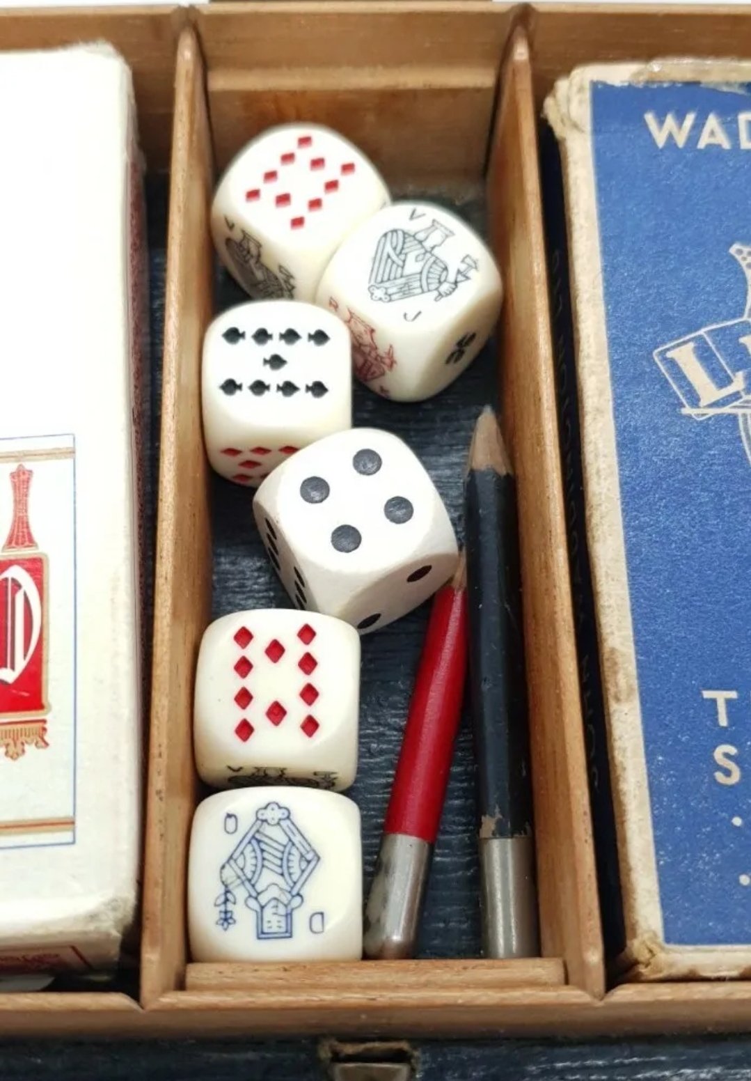 Antique Leather Covered Games Box & Contents incl Cards & Dice - Image 5