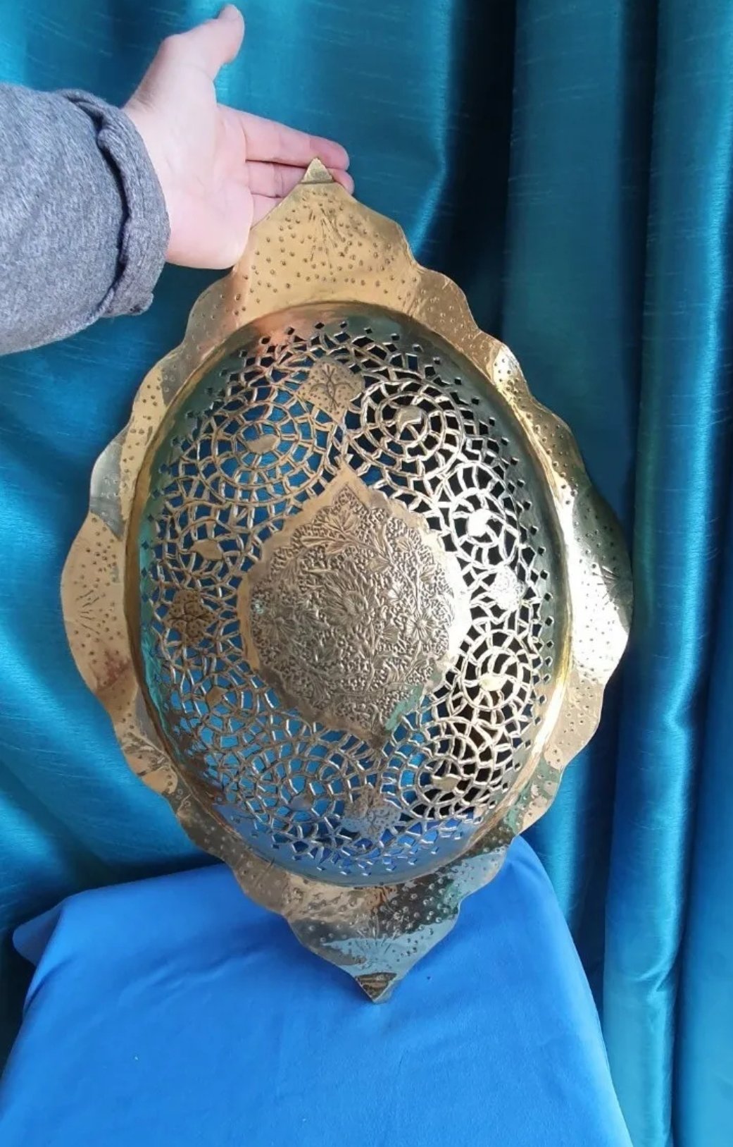 Persian Pierced Brass Dish Large Domed Wall Hanging - Image 4