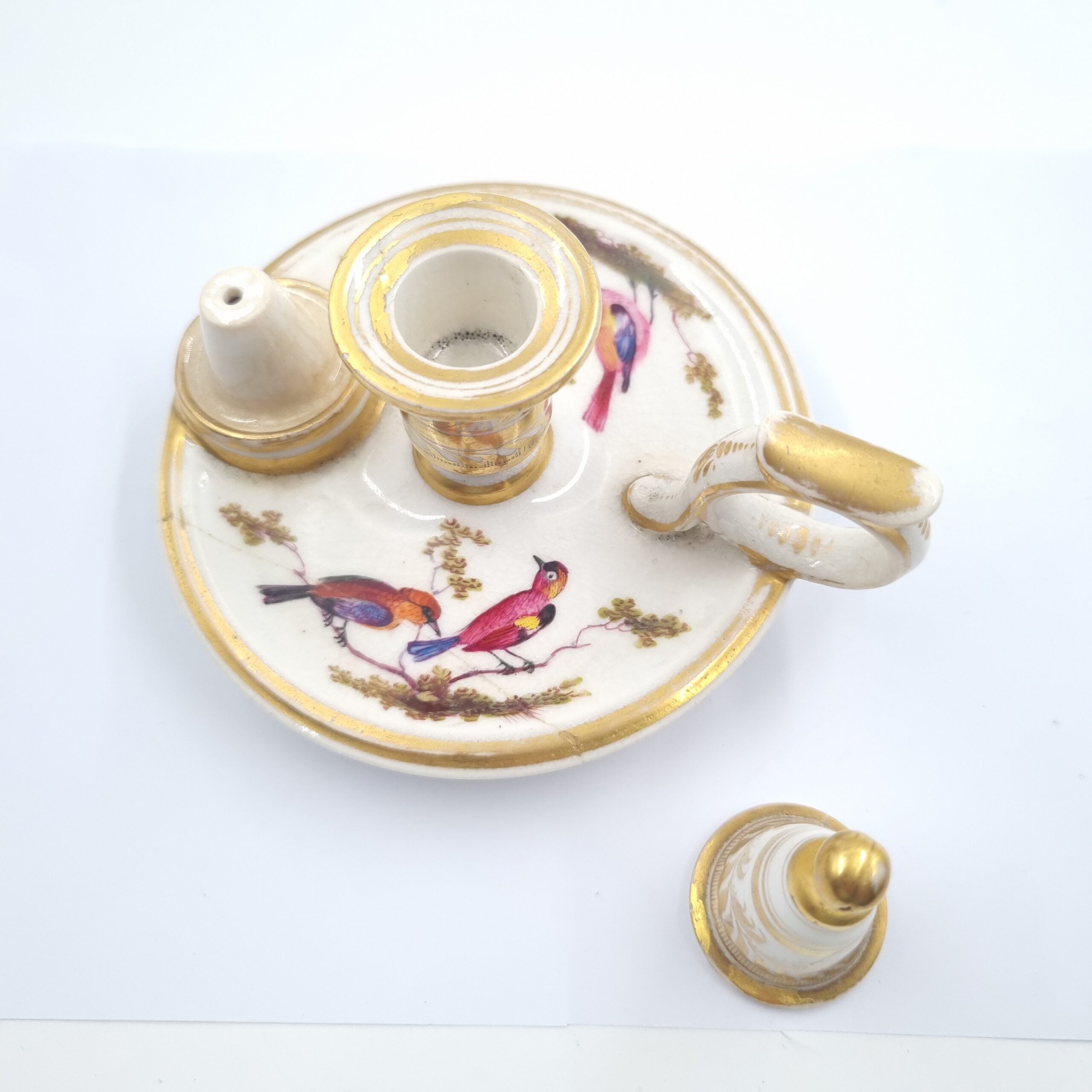 19th Century Derby Taperstick with snuffer handpainted with birds in the manner of Horatio Steele - Image 2