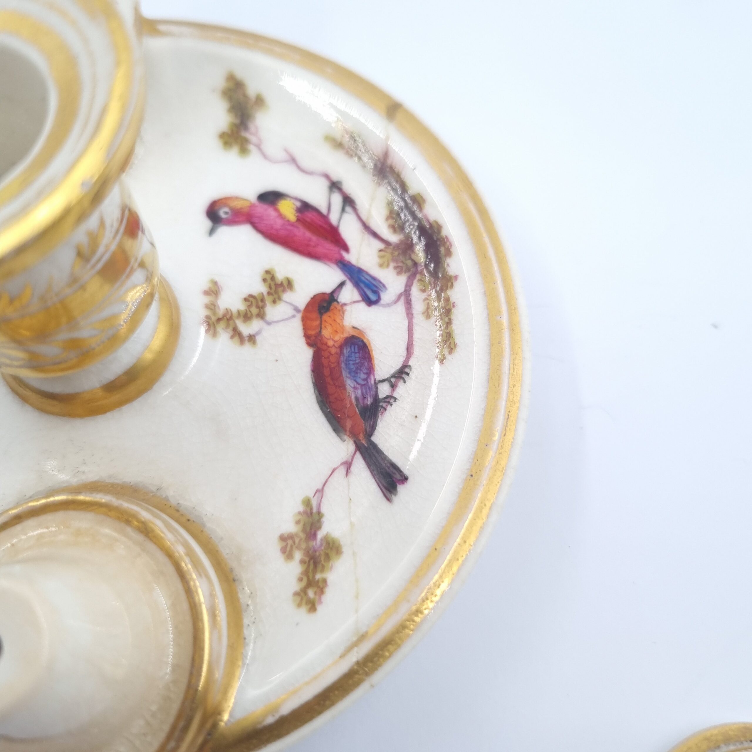 19th Century Derby Taperstick with snuffer handpainted with birds in the manner of Horatio Steele - Image 6