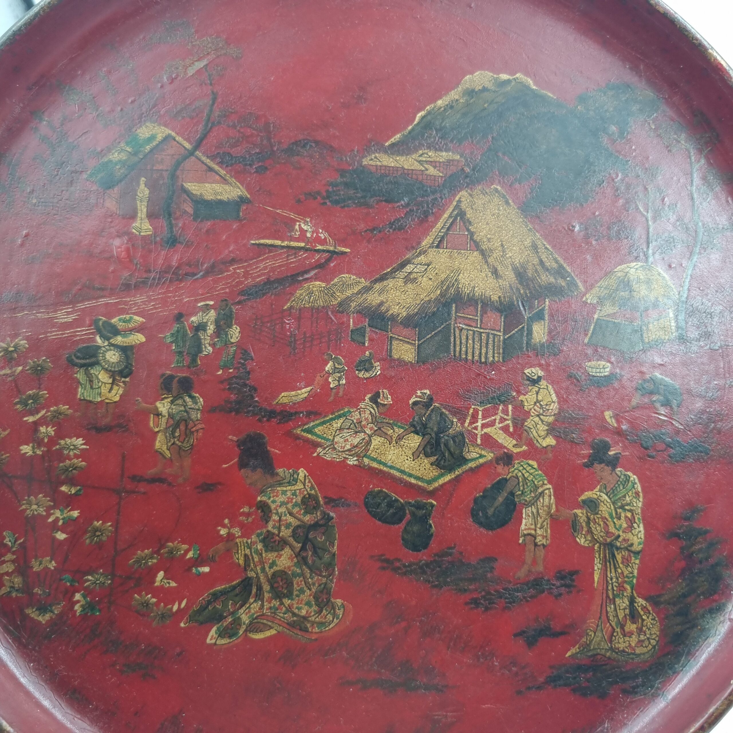Vintage Chinoiserie Lacquer Tray: French in Red with Rural Scene Decoration, Circa 1930s - Image 5