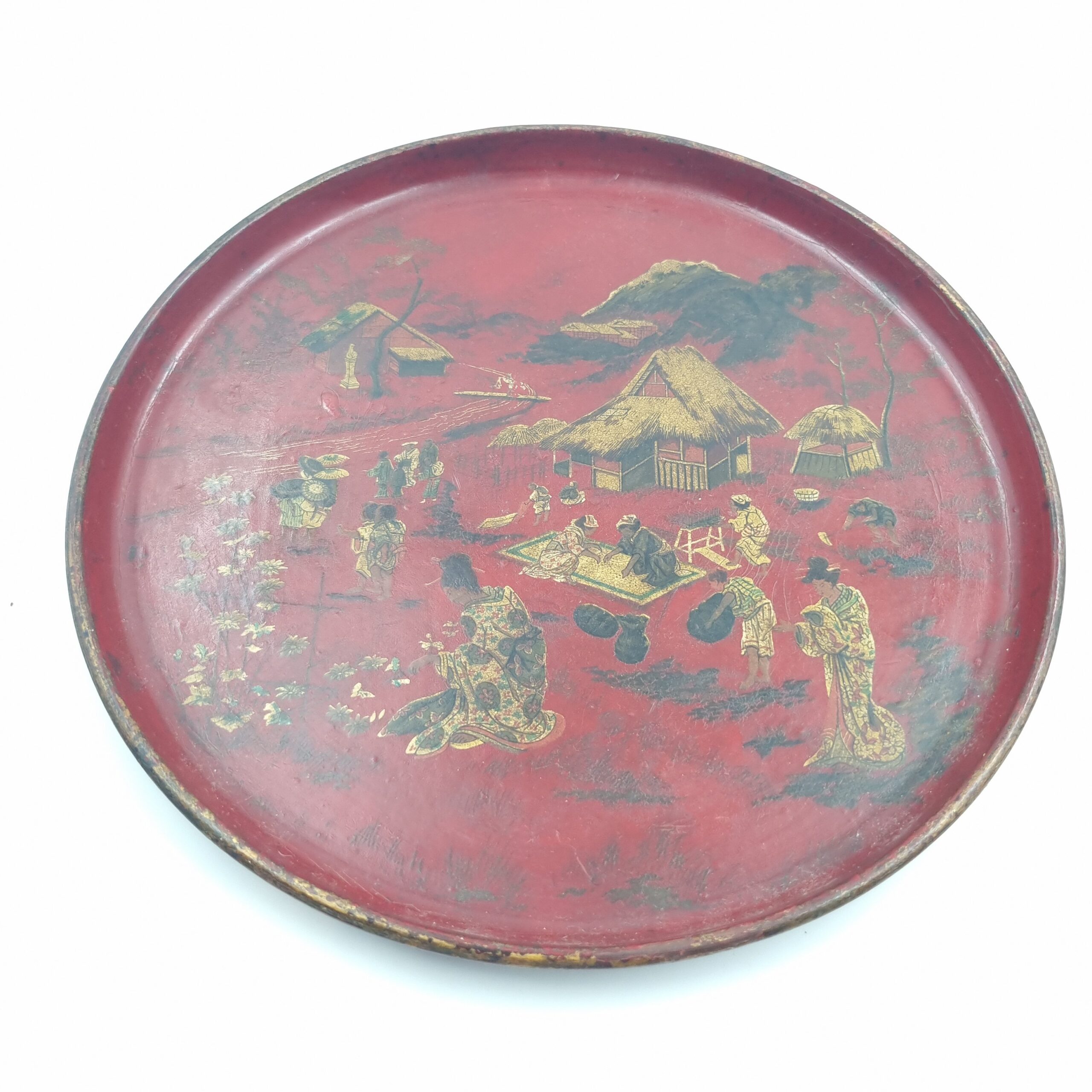 Vintage Chinoiserie Lacquer Tray: French in Red with Rural Scene Decoration, Circa 1930s - Image 2