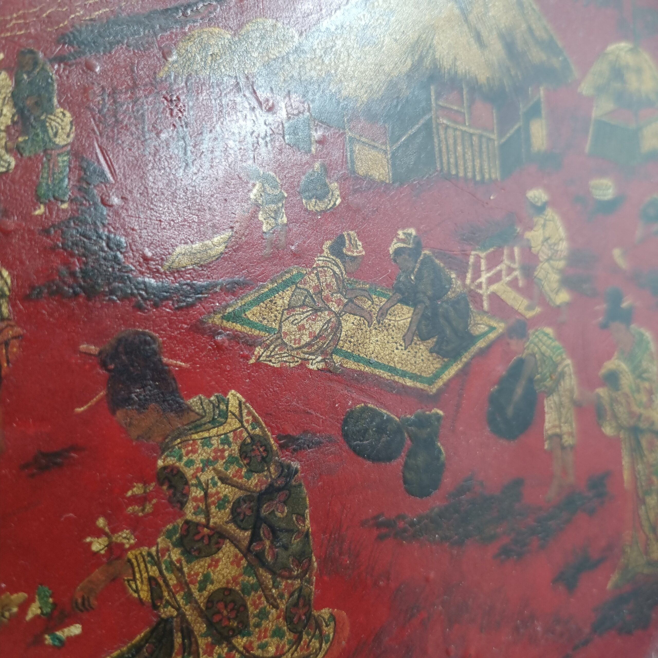 Vintage Chinoiserie Lacquer Tray: French in Red with Rural Scene Decoration, Circa 1930s - Image 6