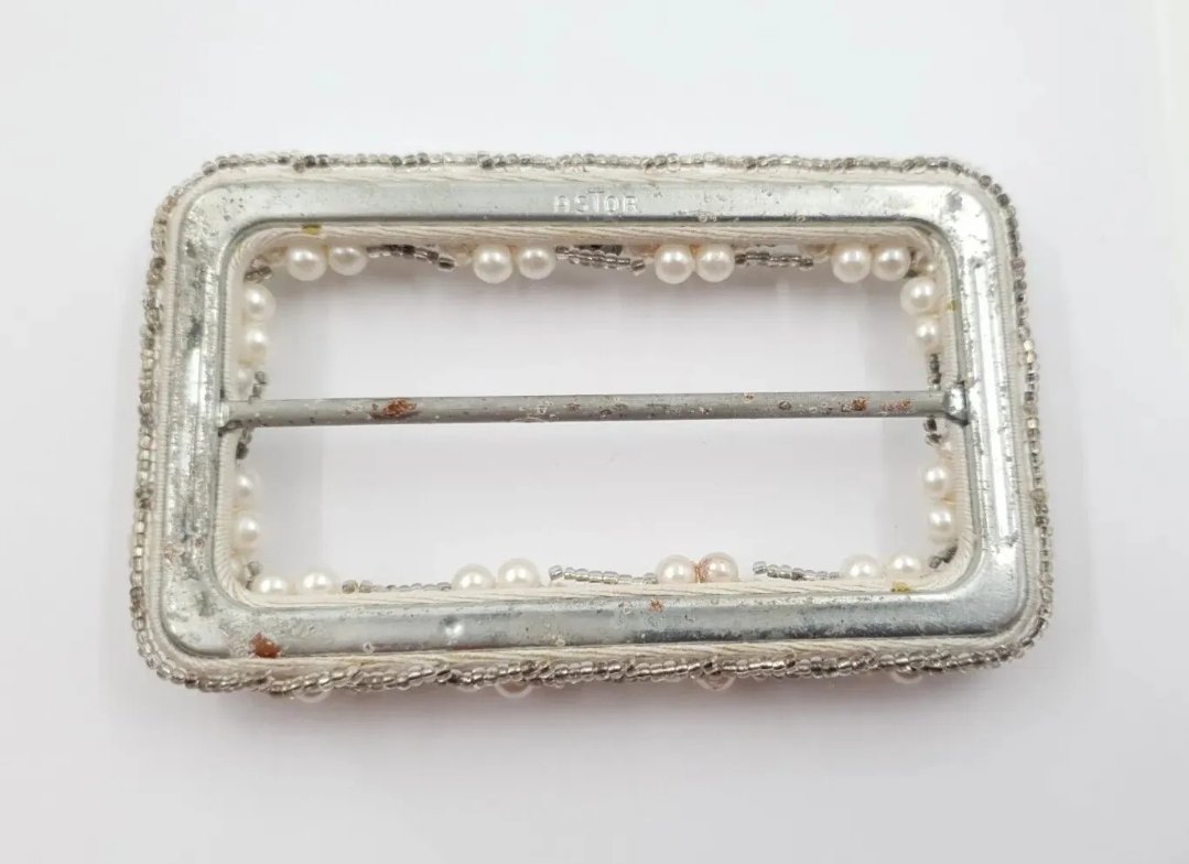 Vintage Astor Belt Buckle Very Large. Seed Beads Crystals Faux Pearls - Image 2