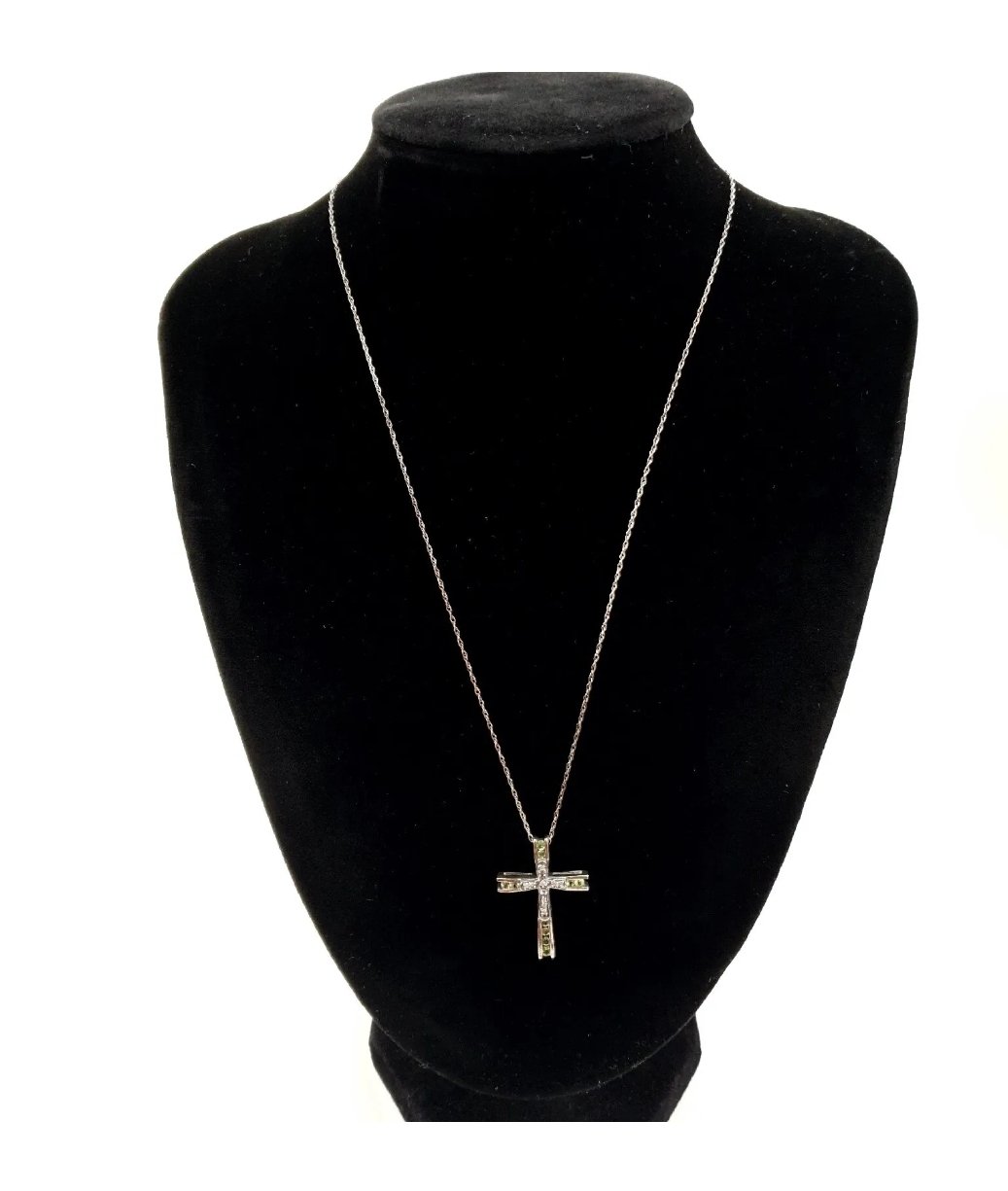 Silver & Diamond Cross Pendant Necklace with Green Cz & Rope Chain - Image 2