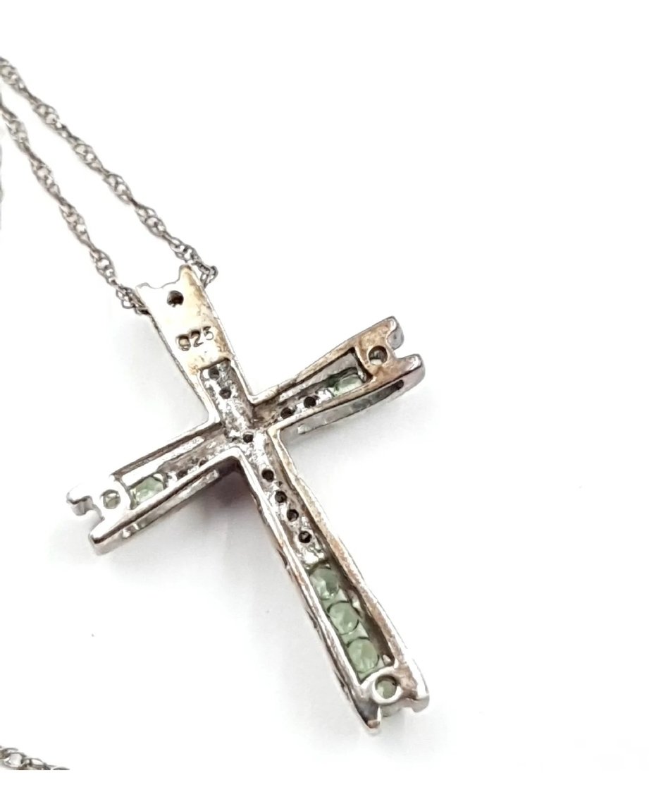 Silver & Diamond Cross Pendant Necklace with Green Cz & Rope Chain - Image 3
