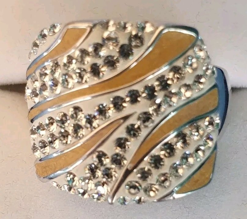 Statement Sterling Silver Crystal Ring with Enamelling Marked 925 Size P 1/2 - Image 2