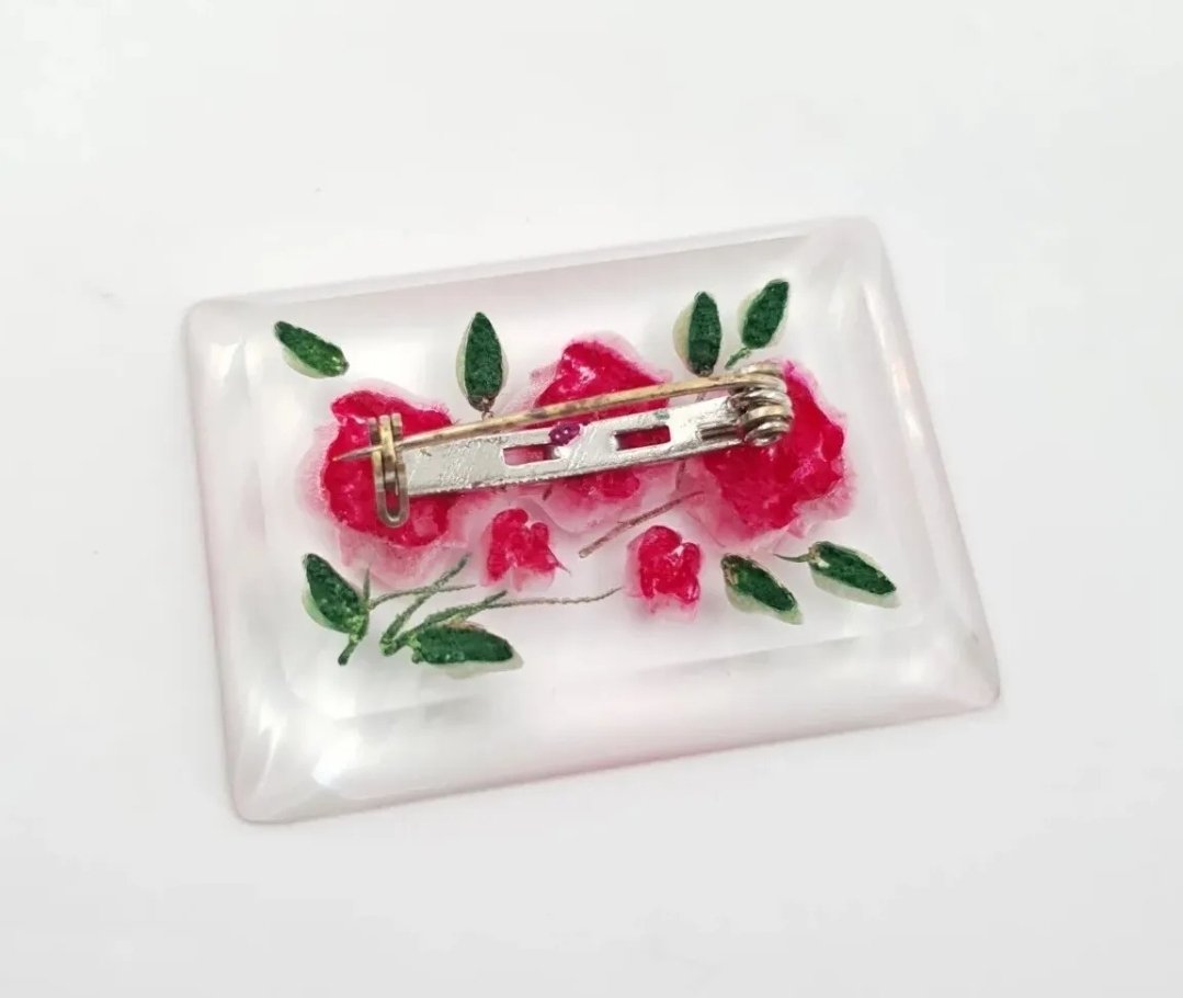 Vintage Lucite Brooch Reverse Carved with Pink Roses | Large Rectangular - Image 2