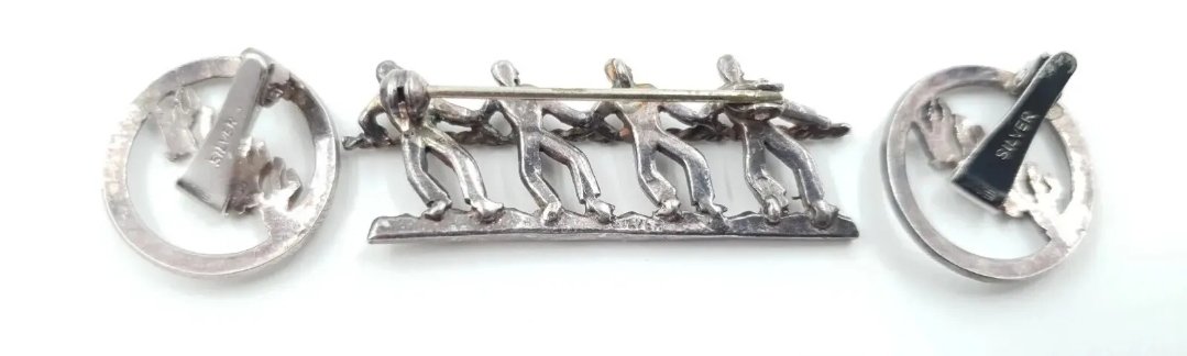 Vintage Tug-of-war or Rope Makers Brooch |Silver Marcasite Brooch & Clip on Earrings c1930s - Image 2