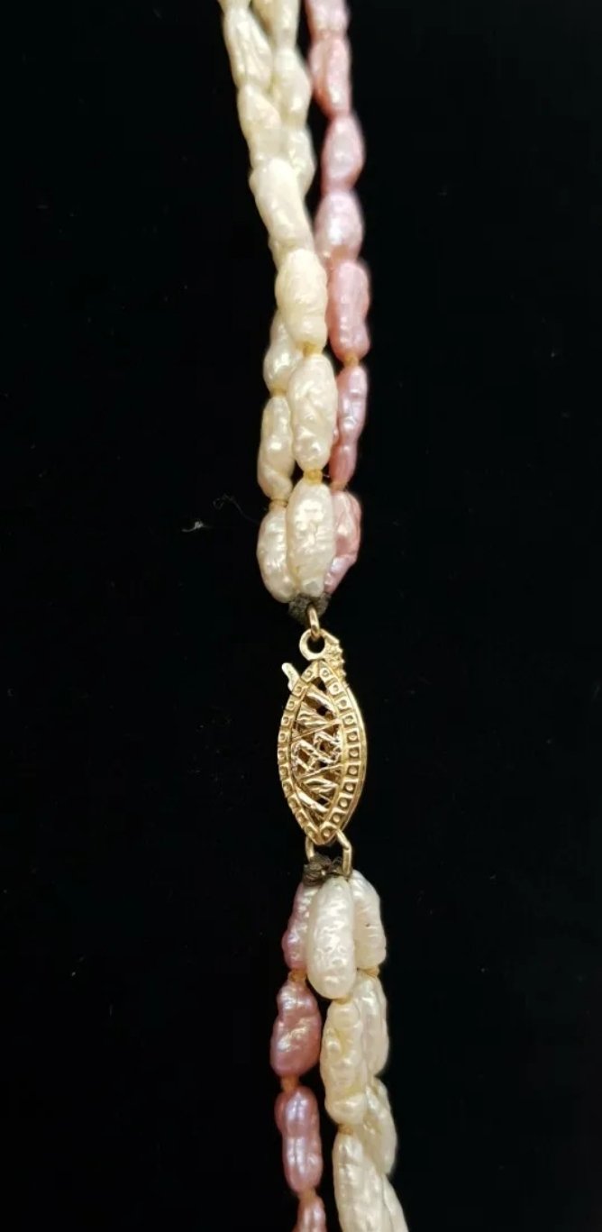 Freshwater Pearl Necklace Gold Clasp 26in Rice Pearls Triple Strand - Image 2