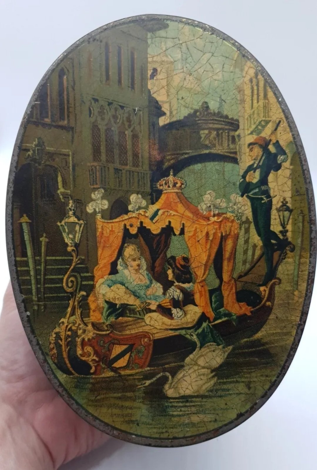 Antique Peek Frean Biscuit Tin Venice Gondola Print with Swans - Image 5