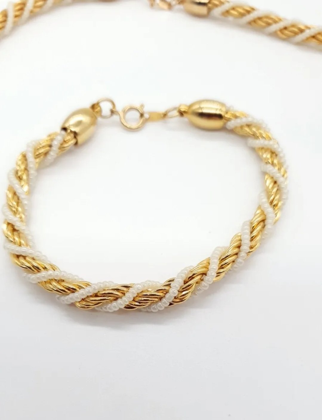 Vintage Trifari Necklace & Bracelet Rope with Faux Pearl Seed Beads Crown Mark c1950s - Image 2