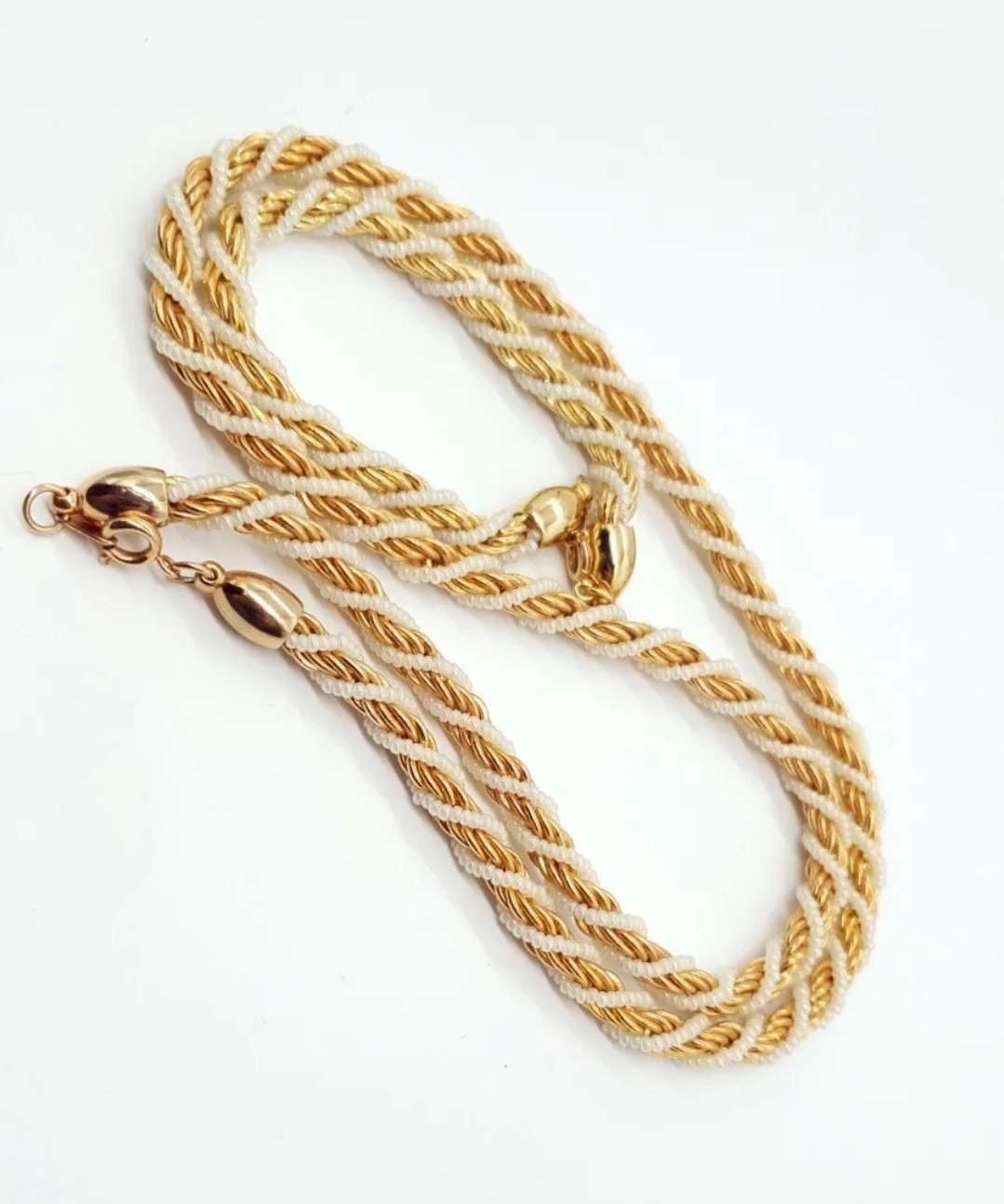 Vintage Trifari Necklace & Bracelet Rope with Faux Pearl Seed Beads Crown Mark c1950s - Image 3