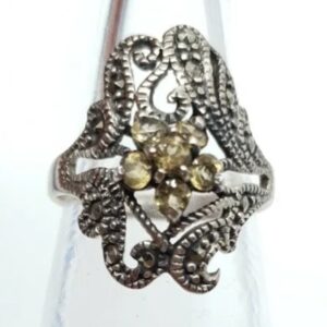 Art Nouveau Style Silver Ring with Simulated Citrine & Marcasite Size P