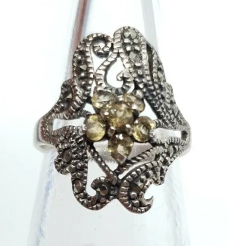 Art Nouveau Style Silver Ring with Simulated Citrine & Marcasite Size P