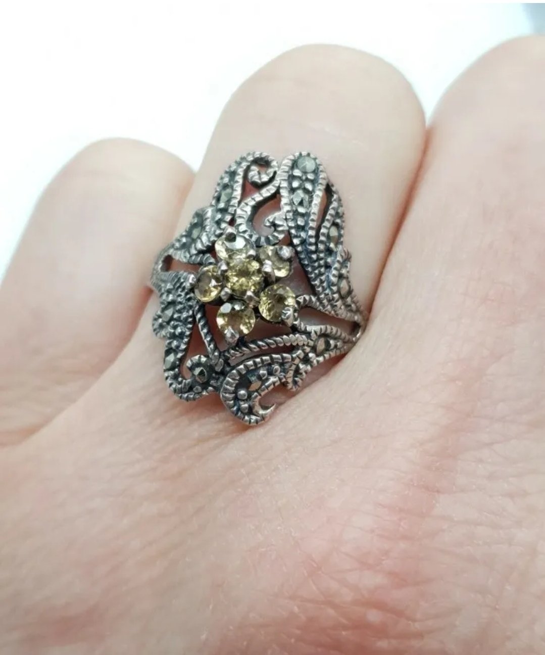 Art Nouveau Style Silver Ring with Simulated Citrine & Marcasite Size P - Image 3