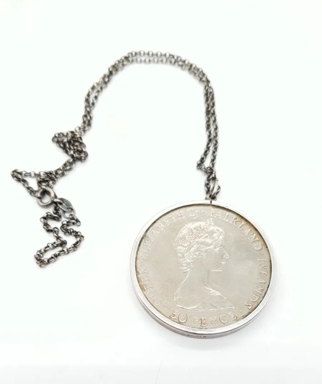 Falkland Island Liberation Silver Crown Pendant Necklace 1982 - Image 2