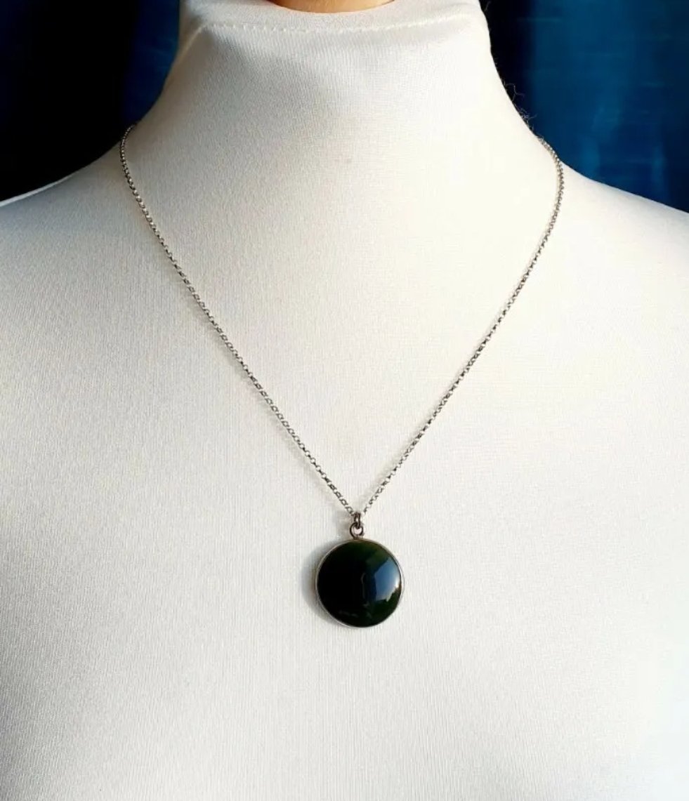 Serpentine Pendant Vintage Sterling Silver Dark Green Necklace - Image 4