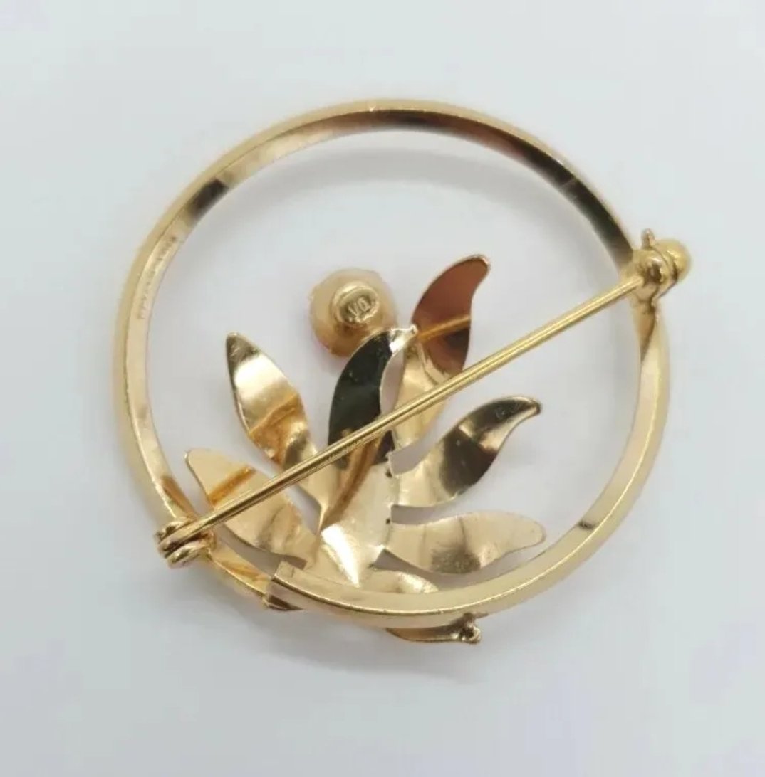 Van Dell Gold Filled Brooch with Pink Crystal Circle Flower Brooch - Image 3