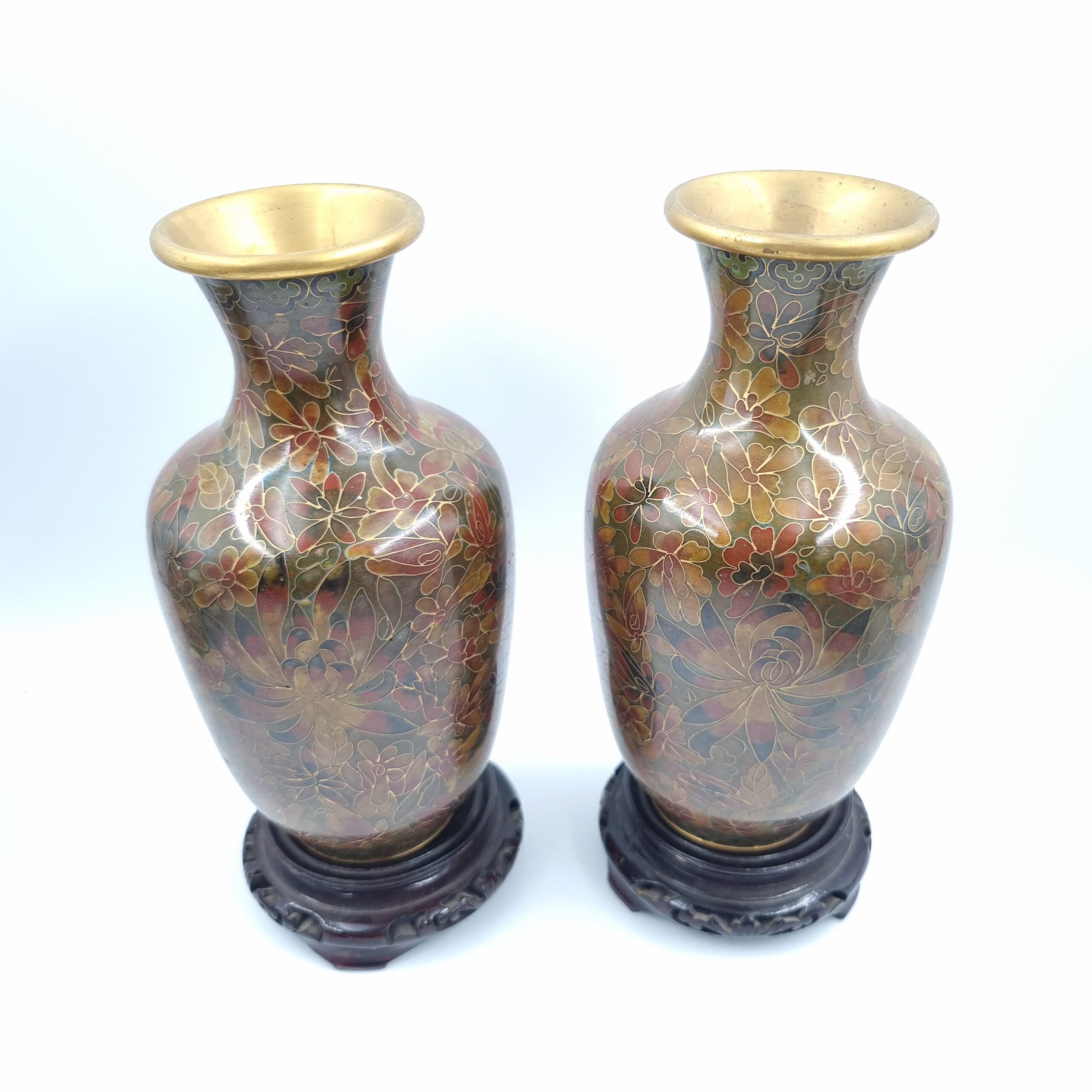 Pair of Cloisonné Vases on Stands with Chrysanthemum Design 22cm - Image 2