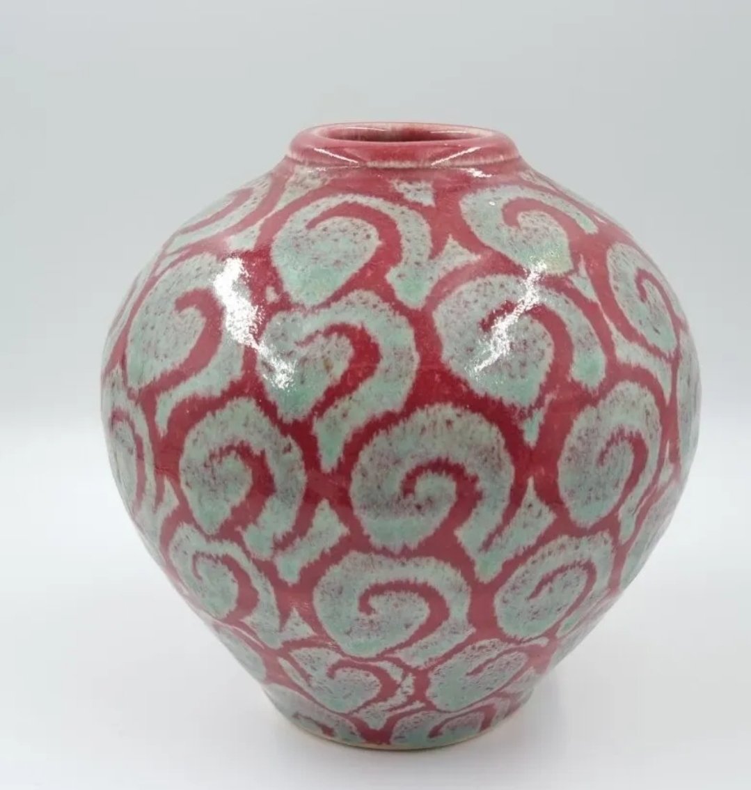 Globe Vase Celadon & Pink Glaze Studio Pottery Signed by Artist 96