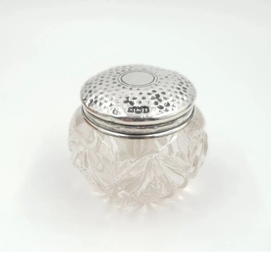 Antique Silver Topped Glass Vanity Pot