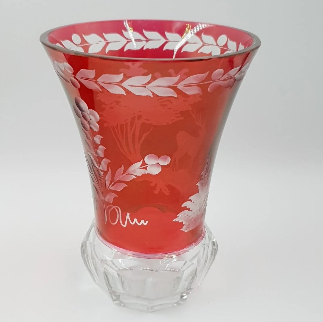 Bohemian Ruby Cut To Clear Vase Victorian Red Overlay With Stag Decoration - Image 2