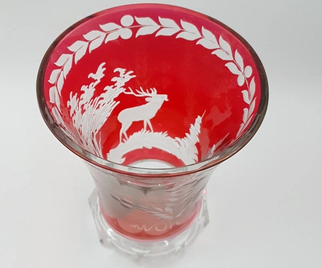 Bohemian Ruby Cut To Clear Vase Victorian Red Overlay With Stag Decoration - Image 4