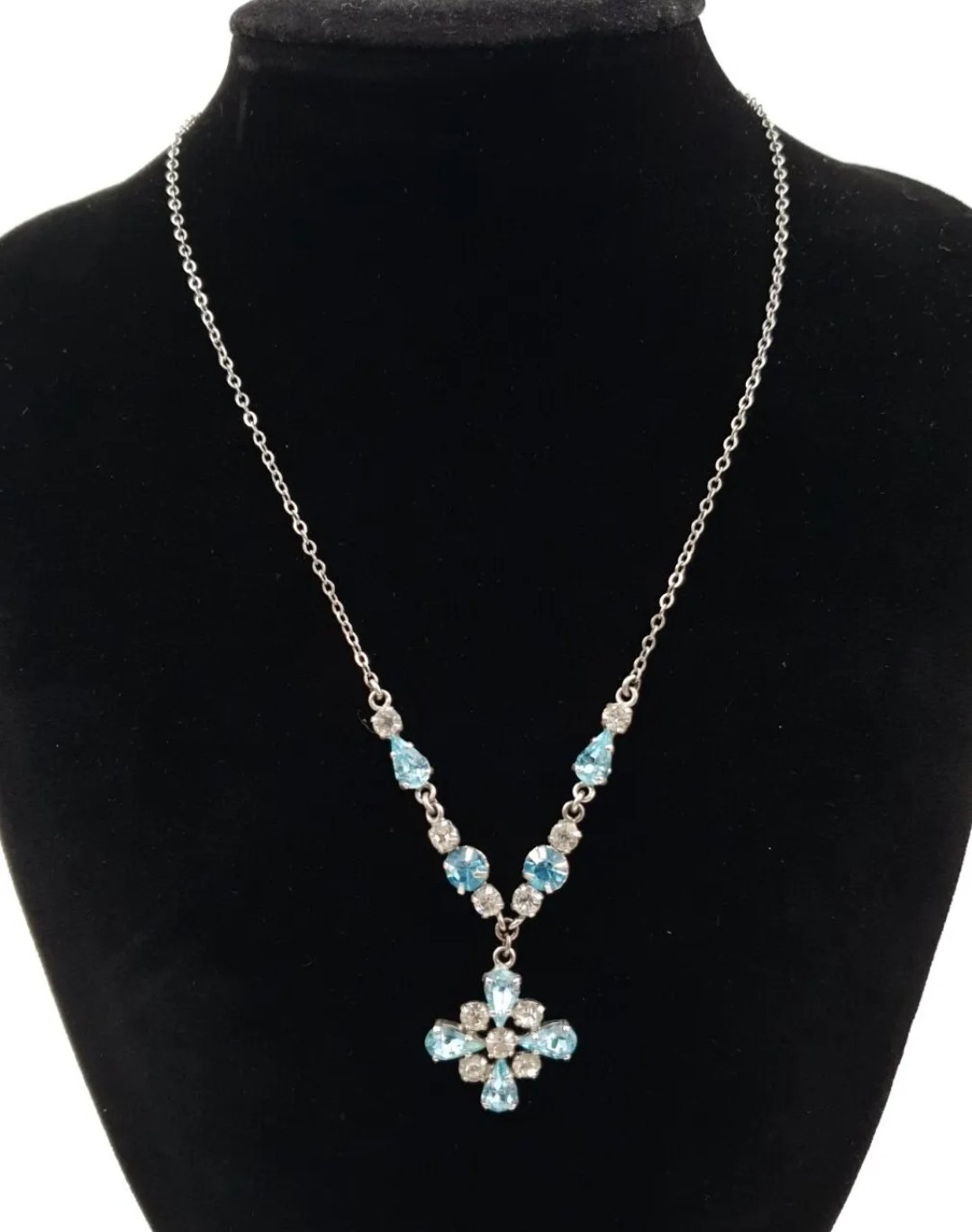 Art Deco Paste Necklace with Topaz Blue & Clear Paste Stones 16in - Image 2