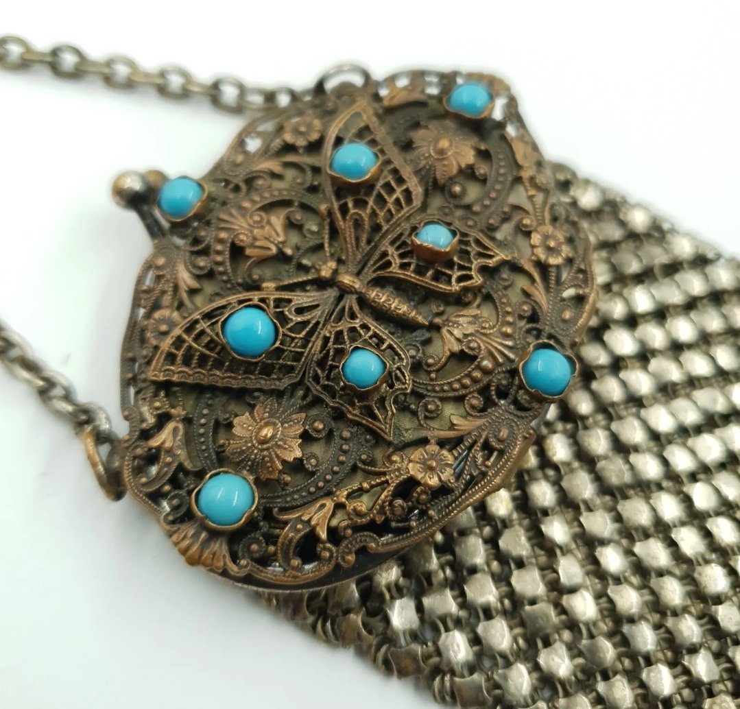 Antique Chatelaine Coin Purse Butterfly Mesh with Mirror Art Nouveau - Image 2