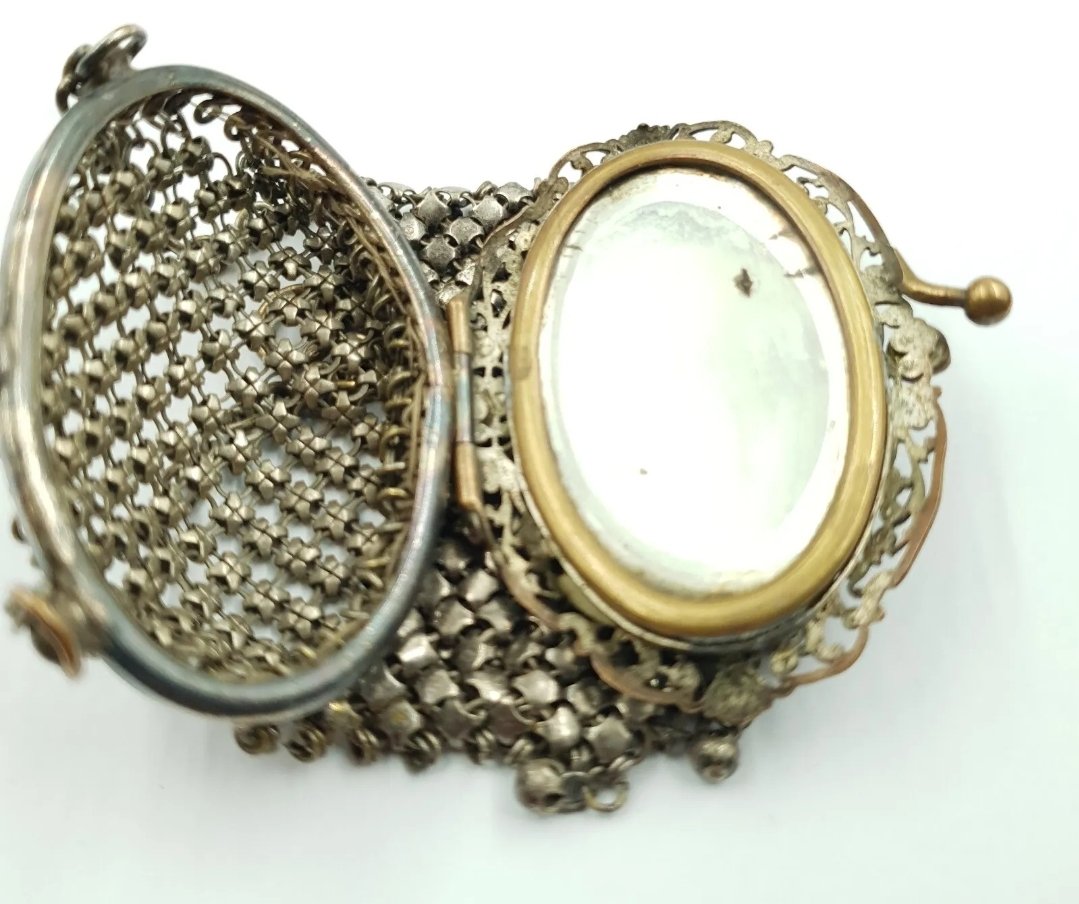 Antique Chatelaine Coin Purse Butterfly Mesh with Mirror Art Nouveau - Image 3