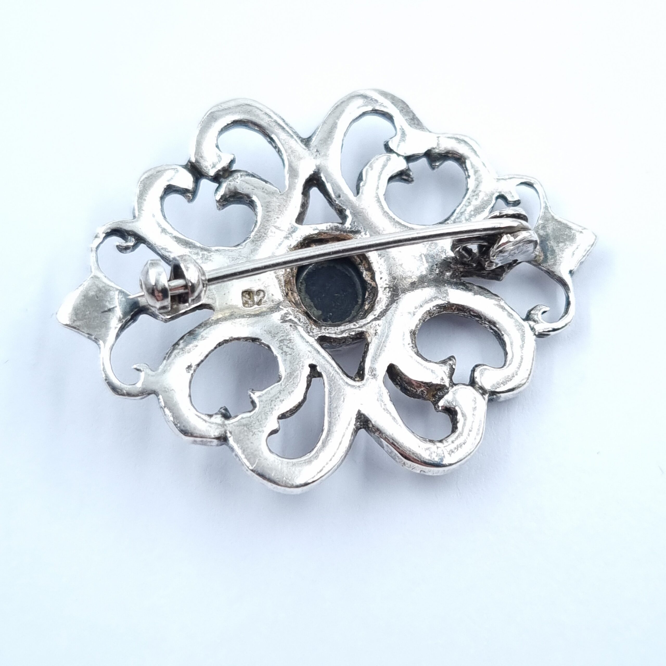 Onyx & Marcasite Brooch Vintage Sterling Silver - Image 2