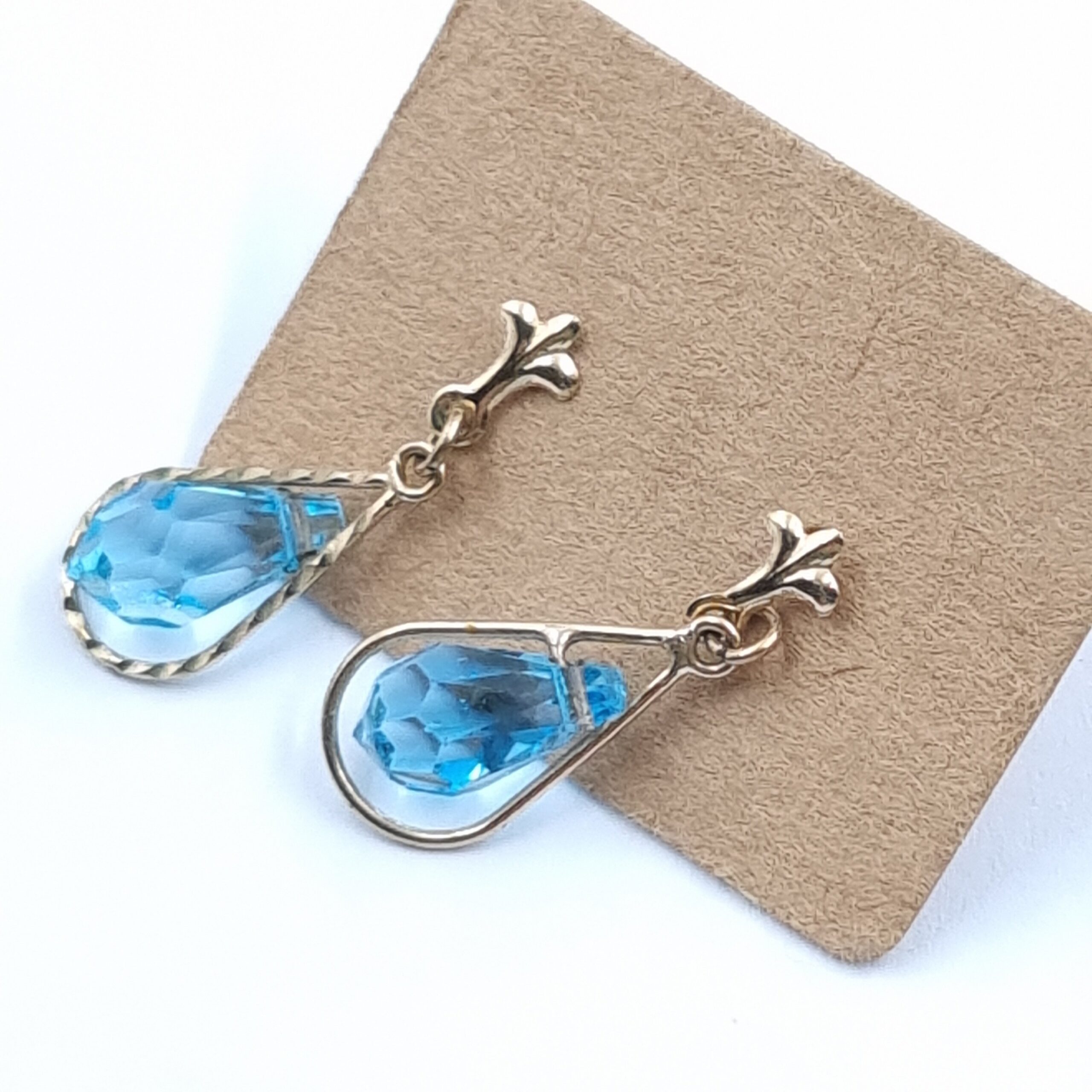 9ct Gold Crystal Earrings Dangle Drop with Blue Faceted Stones - Image 2
