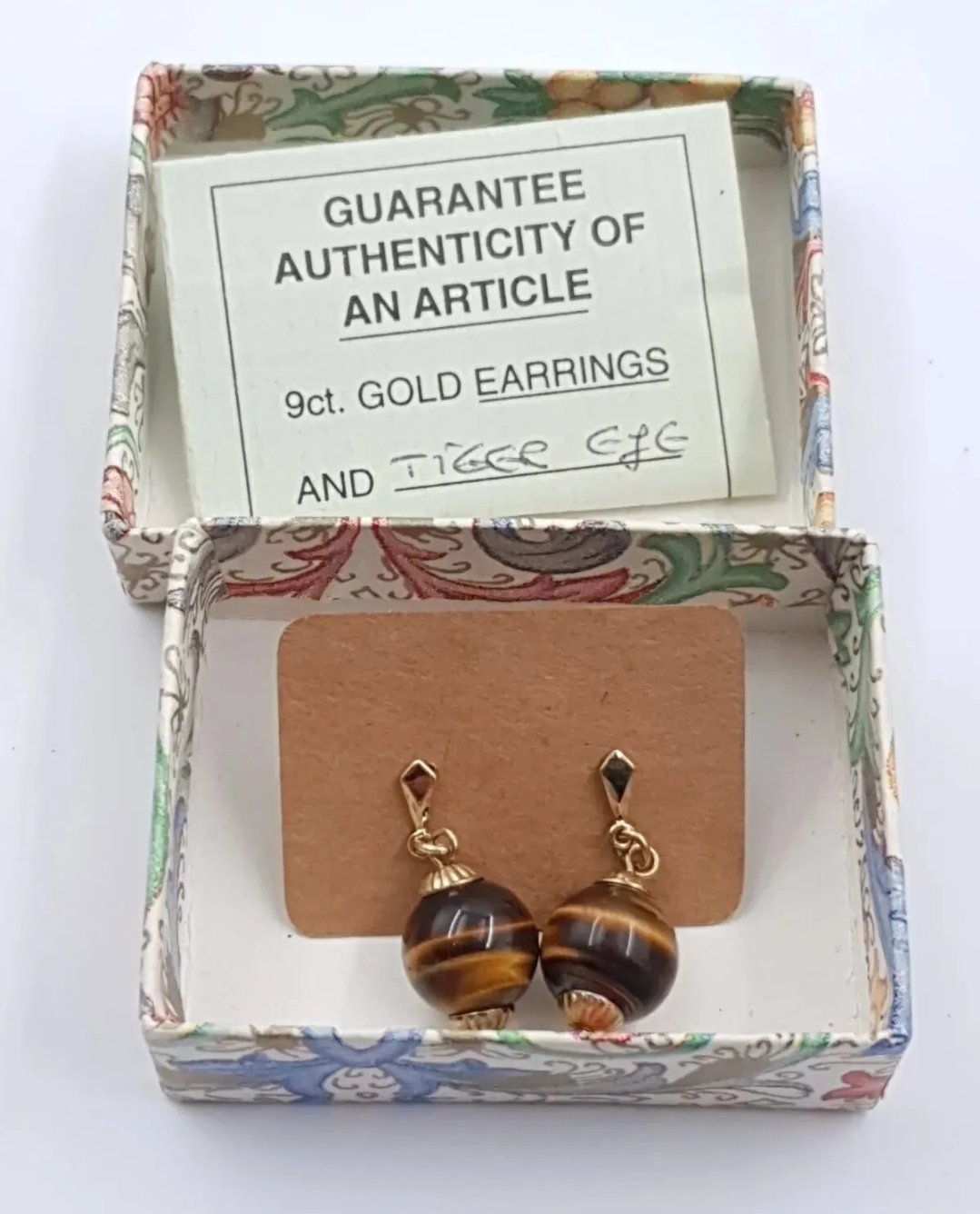 9ct Gold Tigers Eye Earrings Vintage Dangle Drop Boxed Earrings - Image 2